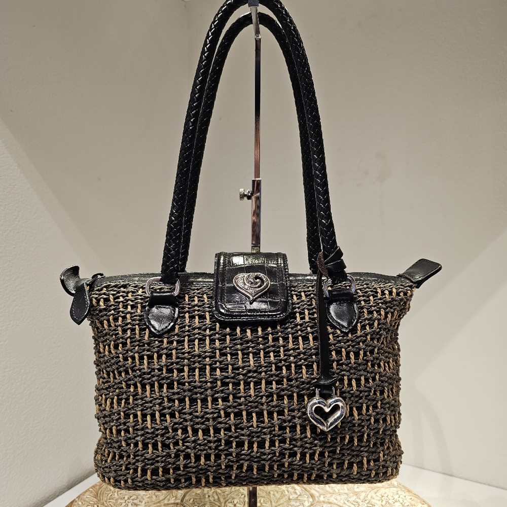 BRIGHTON WOVEN STRAW SATCHEL SHOULDER BAG, BLACK AND TAN